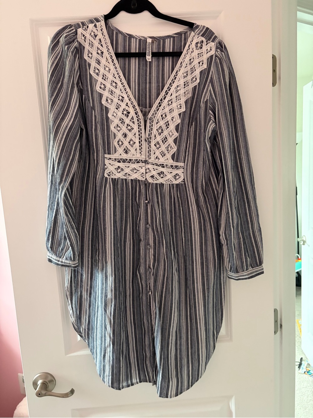 Monoreno Blue & White Striped Tunic with Lace V-Neck